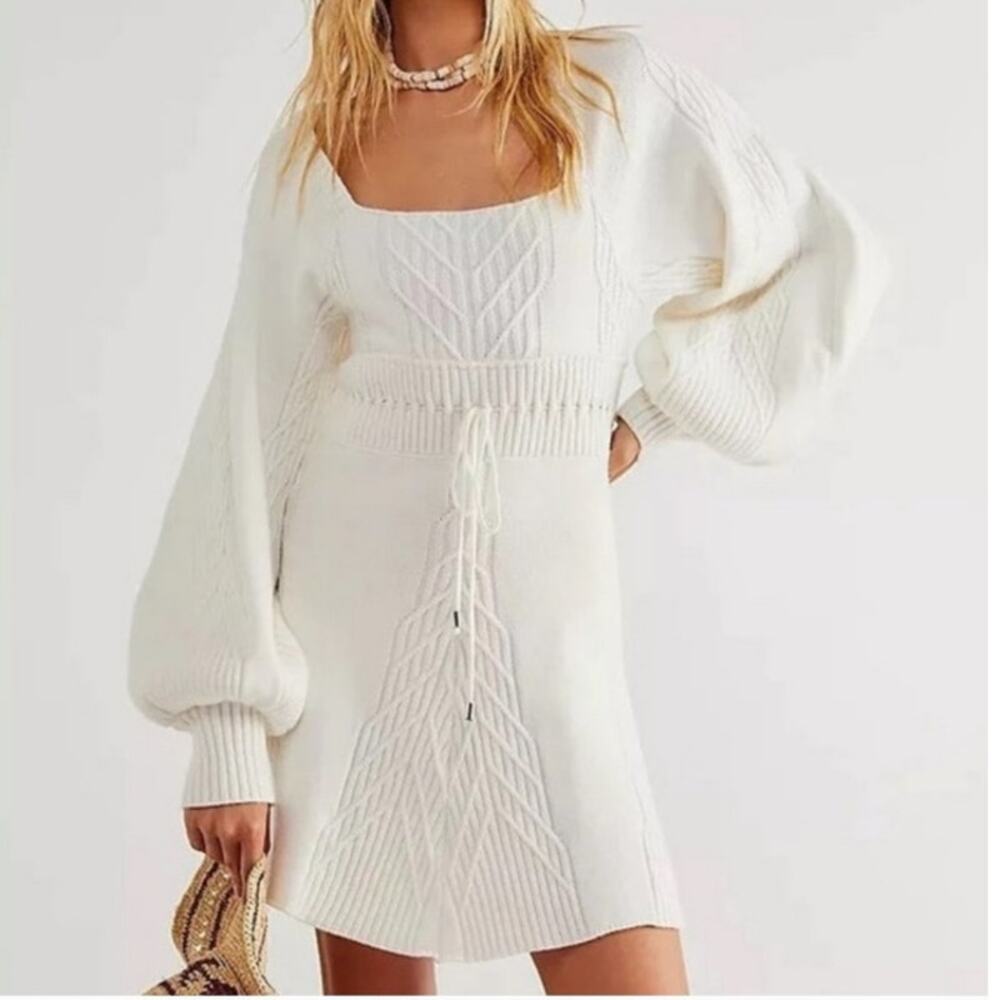 Free People Emmaline Off White Cable Knit Peekaboo Long Sleeve Dress Size Large